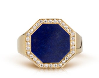 Mens Diamond Signet Ring, Lapis Lazulis Ring For Men, Male Diamond Ring, Moissanite Ring Men, Blue Stone Signet Ring, Gold Signet Ring