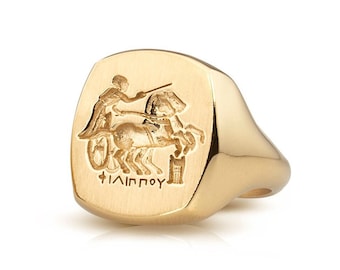 Ancient Greek Gold Ring, Riding Horse Gold Signet Ring, Custom Gold Signet Ring, Wax Seal Ring, Engraved Horse Ring, Heraldry Signet Ring