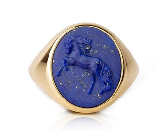 14K Gold Rearing Horse Lapis Lazulis Intaglio Signet Ring, Gold Men Horse Ring, Engraved Rearing Horse Signet Ring, Gold Horse Head Jewelry