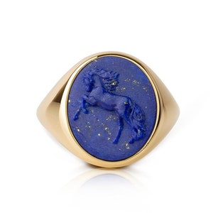 14K Gold Rearing Horse Lapis Lazulis Intaglio Signet Ring, Gold Men Horse Ring, Engraved Rearing Horse Signet Ring, Gold Horse Head Jewelry