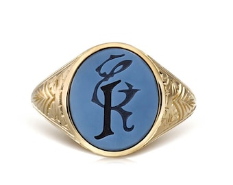 Blue Sardonyx Signet Ring, Custom Monogram Signet Ring, Personalized Initials Ring, Gold Wax Seal Ring, Crest Signet Ring, Coat of Arms Ring