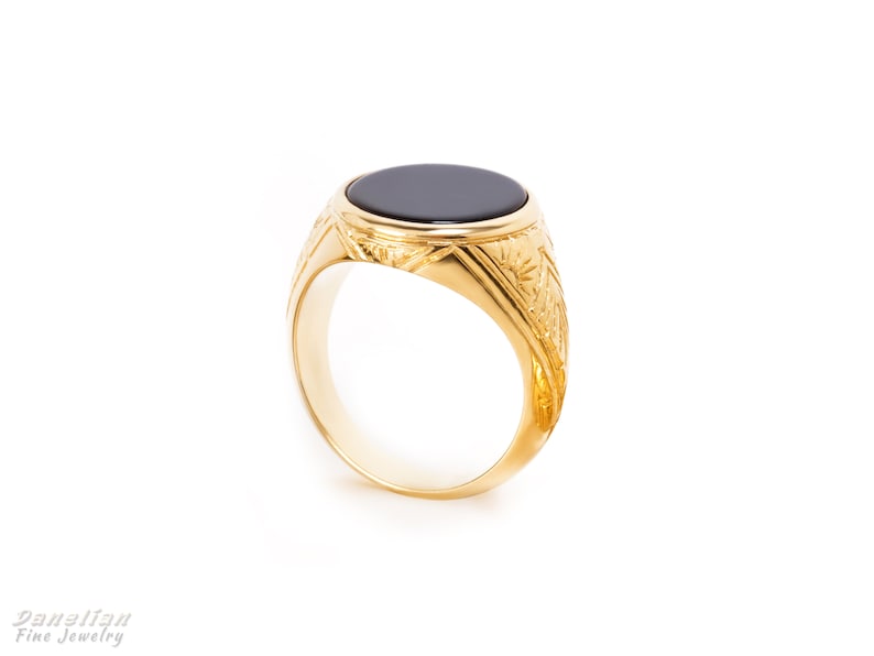 Onyx Ring Gold Men Ring Black Stone Ring Engraved Etsy