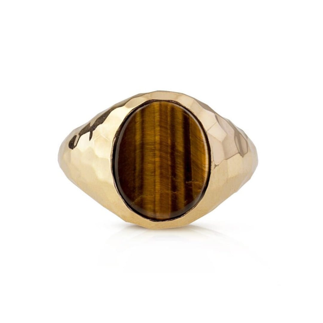 Gold Hammered Ring, Tiger Eye Ring, Men Ring