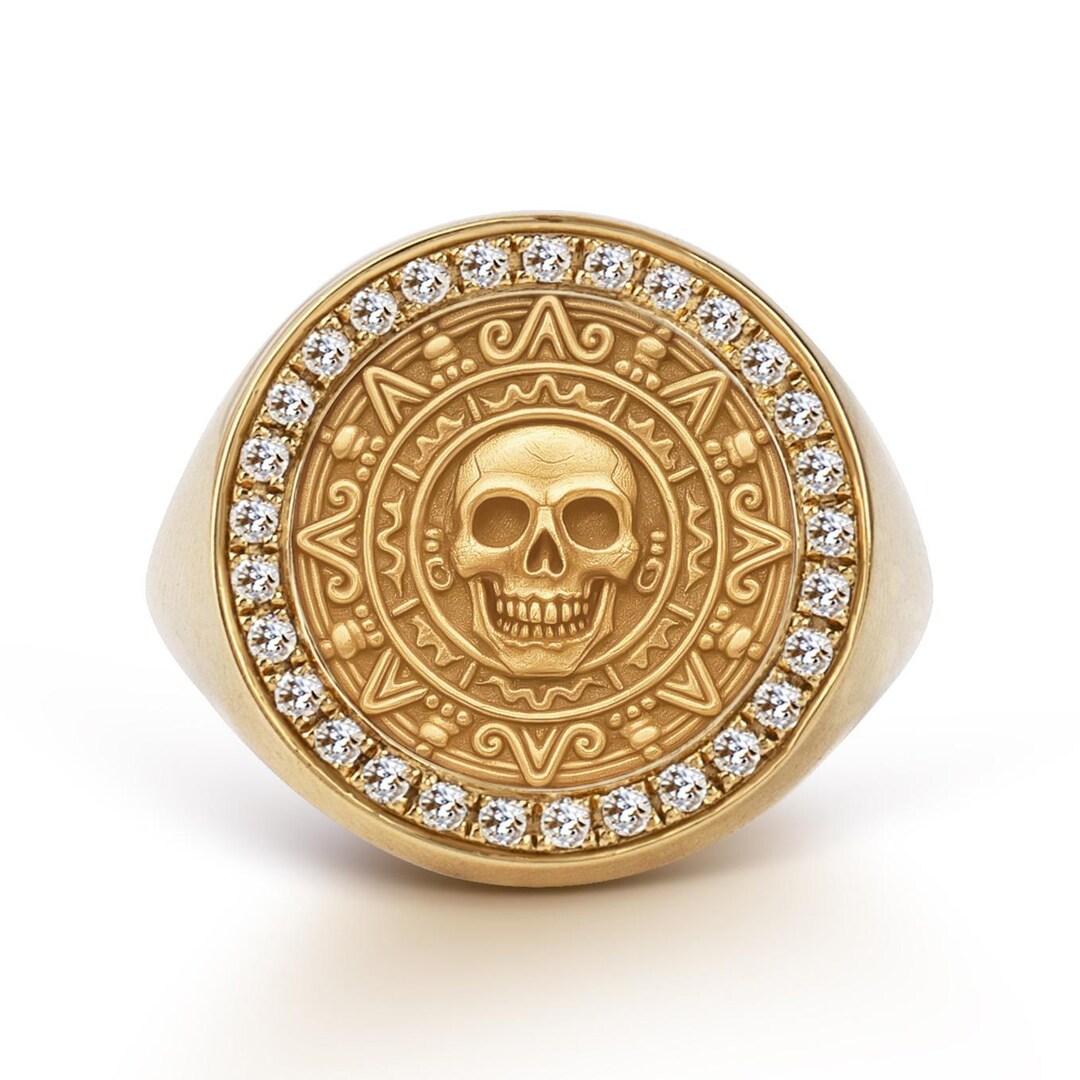 14K Gold Diamond Pirate Skull Signet Ring, Nautical Jewelry - Etsy