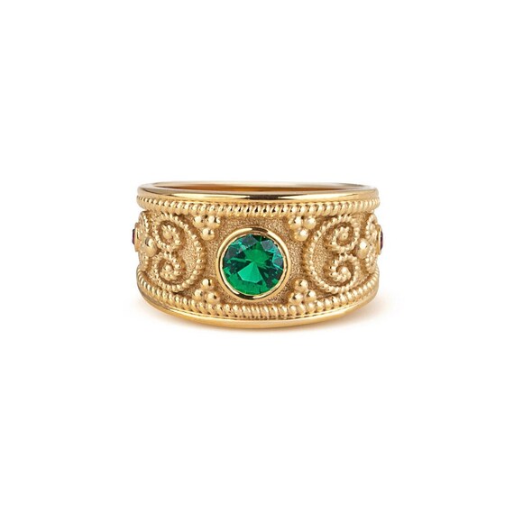 Gold Roman Style Ring: Emerald & Ruby, Sterling Silver