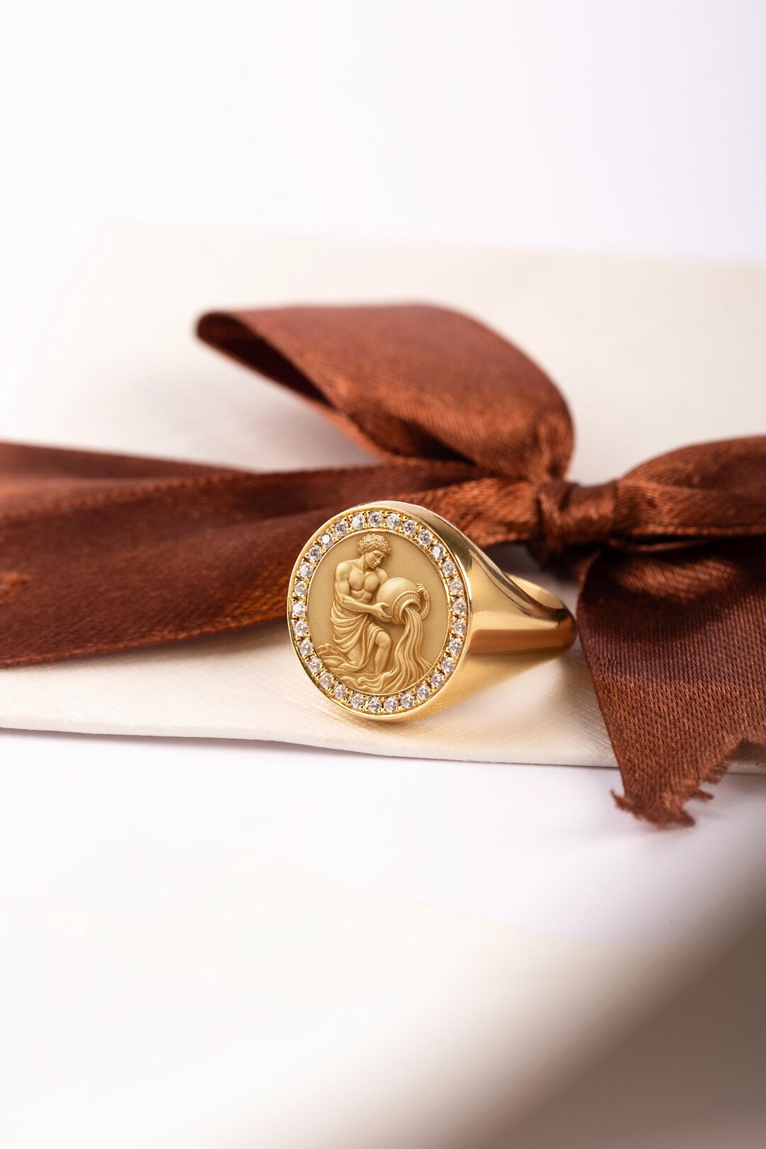 14K Gold Diamond Aquarius Signet Ring, Astrology Zodiac Jewelry - Etsy