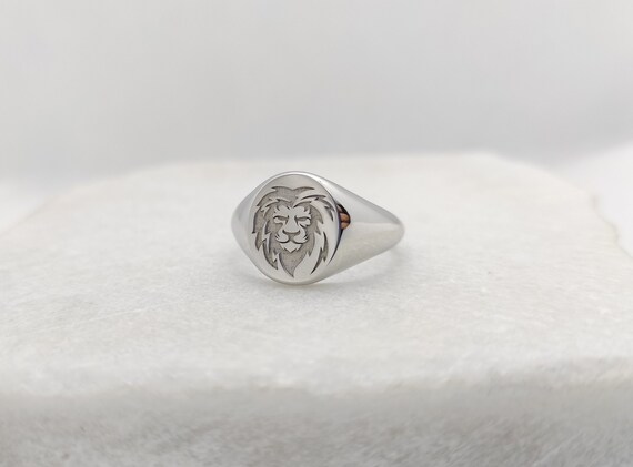 Bague Chevalière Ancienne En Argent Massif 925 - Tête De Lion Gravée, Taille 67, Bijou Vintage