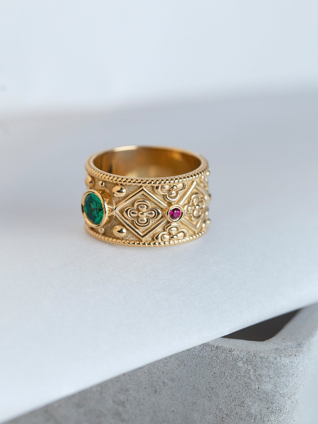 14K Gold Byzantine Ring: Emerald Cut, Ancient Greek Style - Etsy