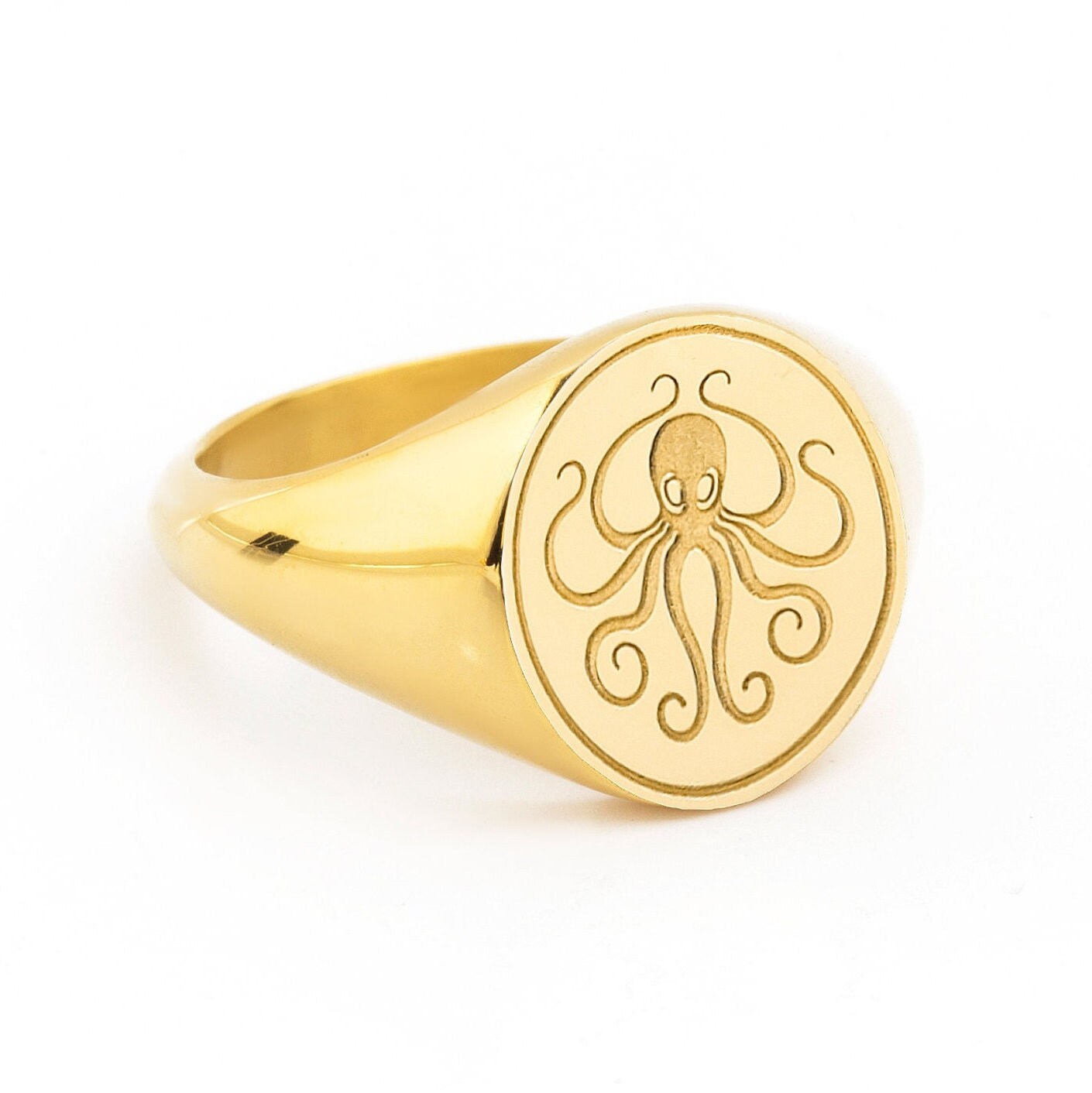 14K Gold Octopus Signet Ring: Engraved Animal Jewelry - Etsy
