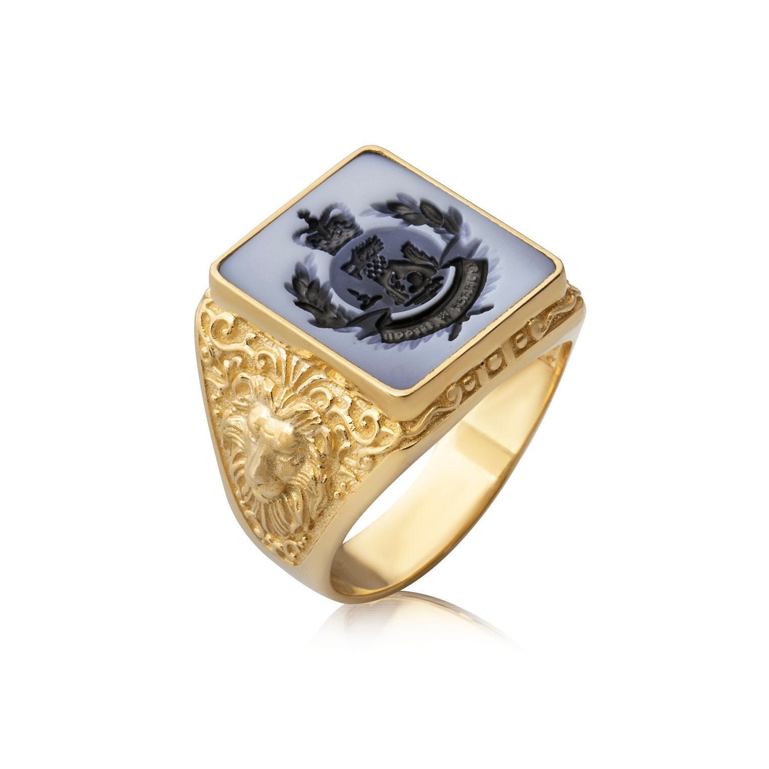 Blue Sardonyx 9K Gold Signet Ring: Custom Family Crest - Etsy