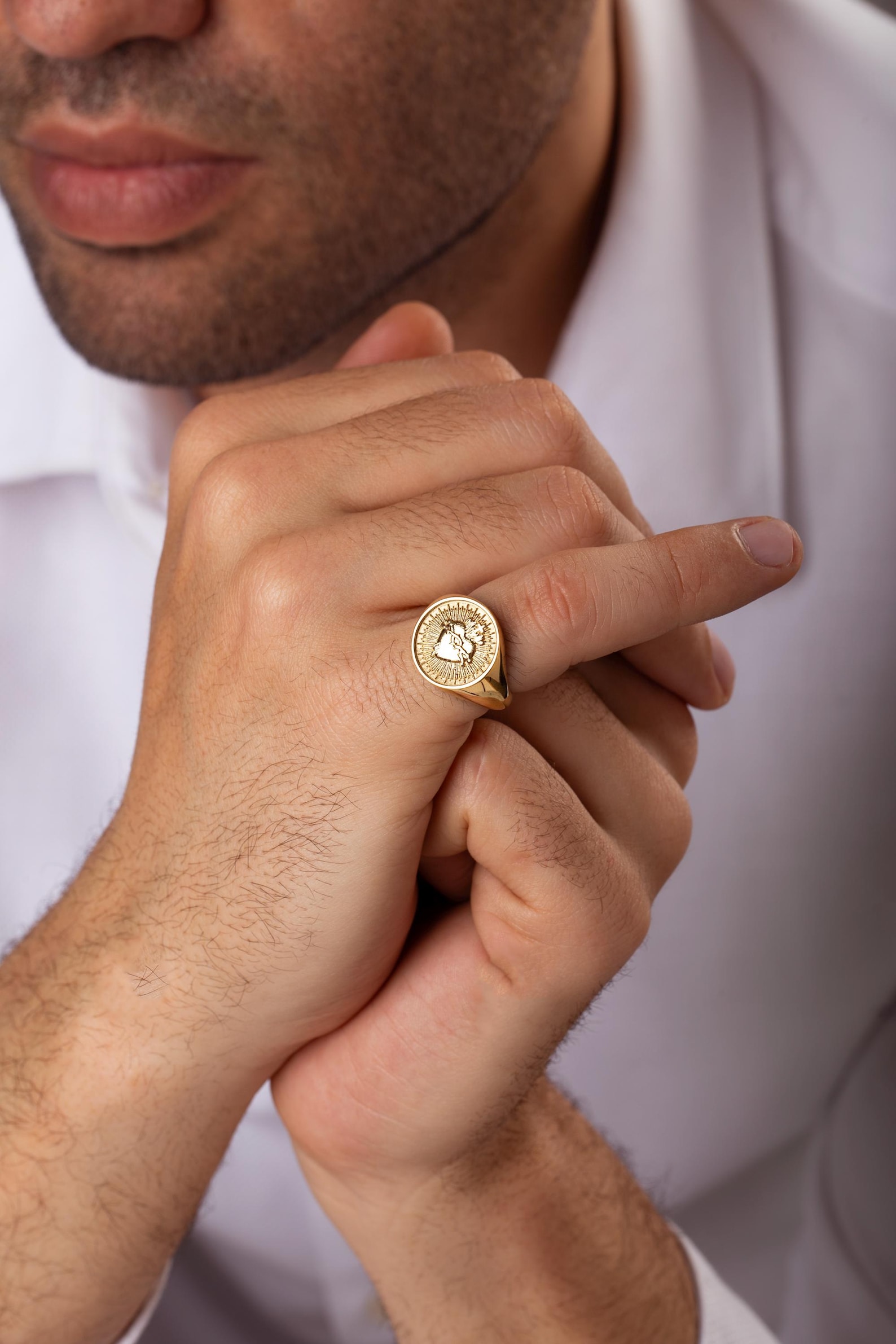 14K Gold Sacred Heart Signet Ring: Religious Protection Jewelry - Etsy