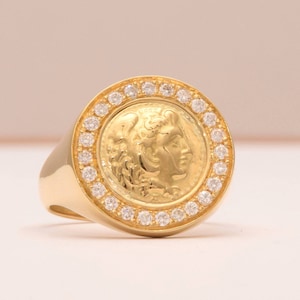 Gold Signet Ring, Chevalier Ring, Sovereign Ring, , Man Gold Ring, Alexander The Great, Coin Signet Ring, Gold Coin Ring, Solid Gold Ring