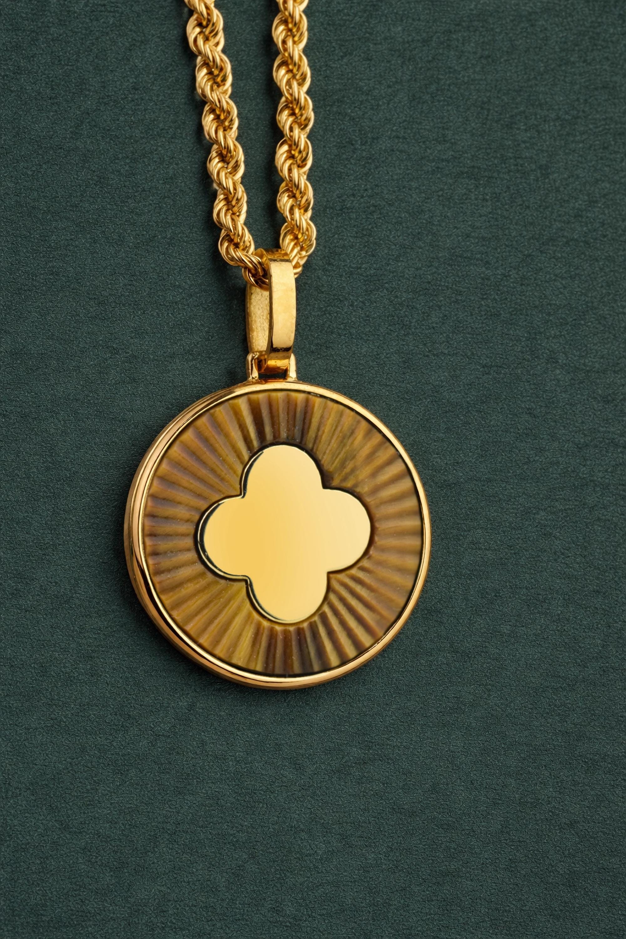 アリス　ネックレス　タイガーアイ　クローバー 14K Gold Tiger Eye Clover Pendant Necklace, Natural Gemstone Brown
