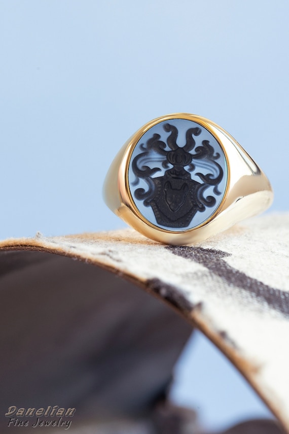 Blue Sardonyx Monogram Signet Ring For Men- Danelian Jewelry