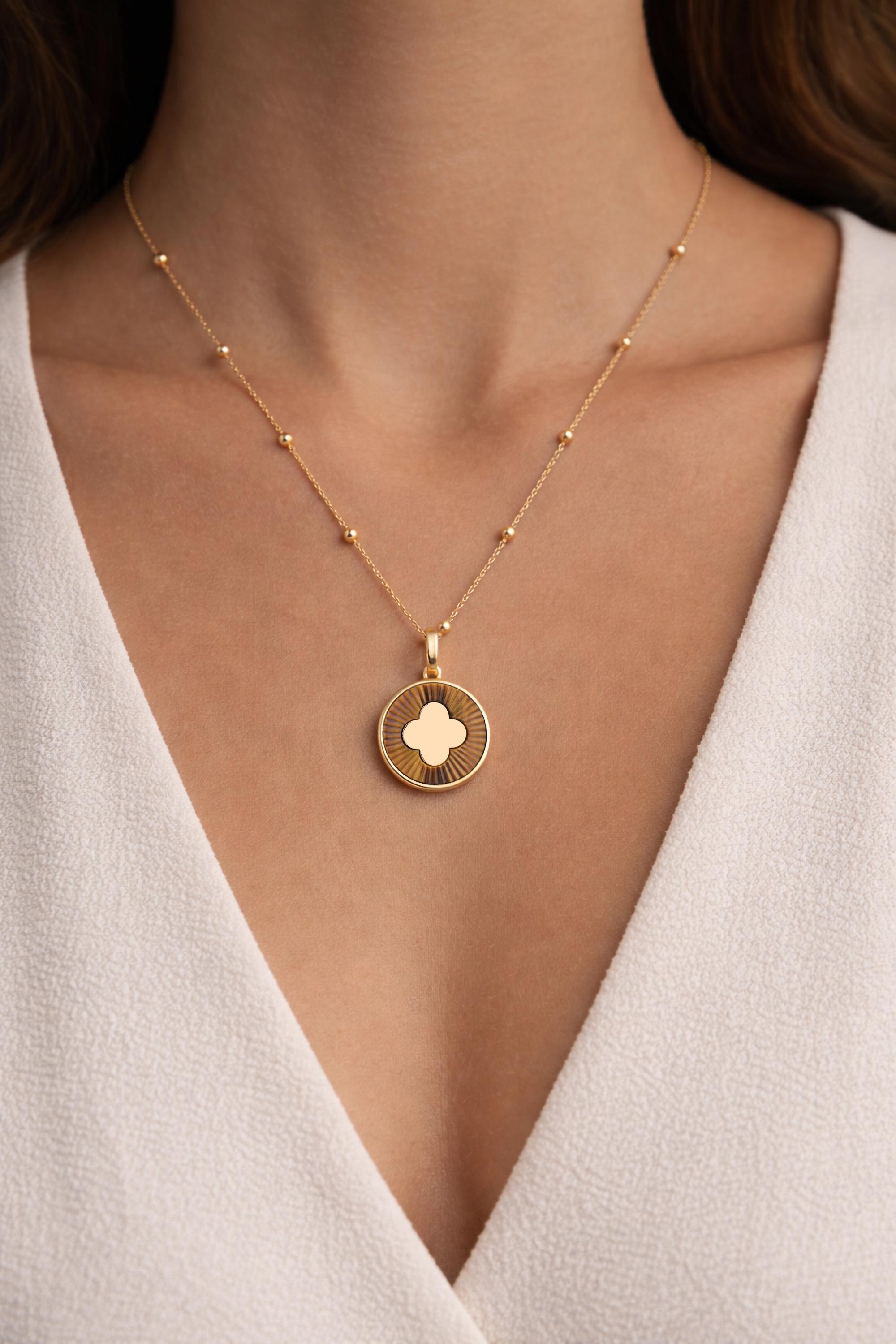 14K Gold Tiger Eye Clover Pendant Necklace, Natural Gemstone Brown