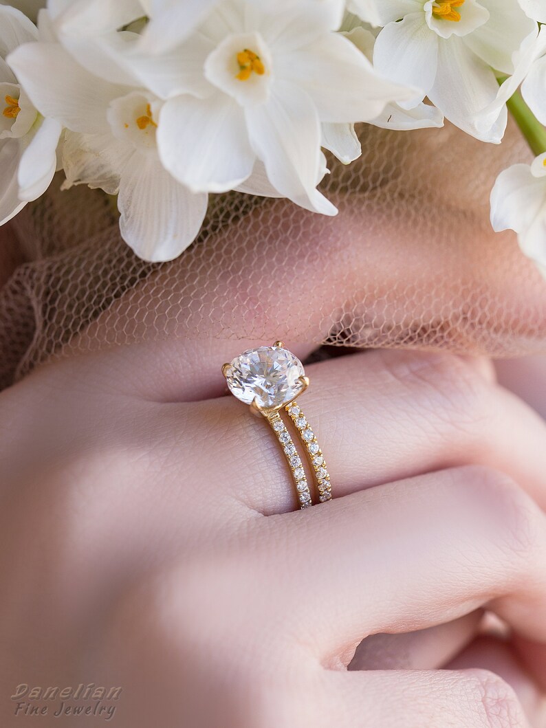 Gold Engagement Ring Set Matching Band Set Simulated Diamond Etsy