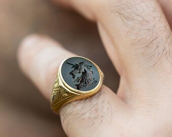 14Kゴールド ブラッドストーン シグネットリング：パーソナライズされ