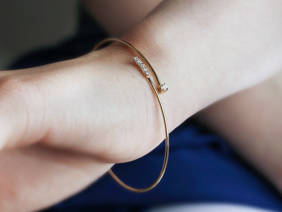 Gold cuff bracelet, Diamond Bracelet, Stacking Bangle, Solid Gold Bracelet, Woman Diamond Cuff, Real Gold Bracelet, Thin Gold bracelet, Gift