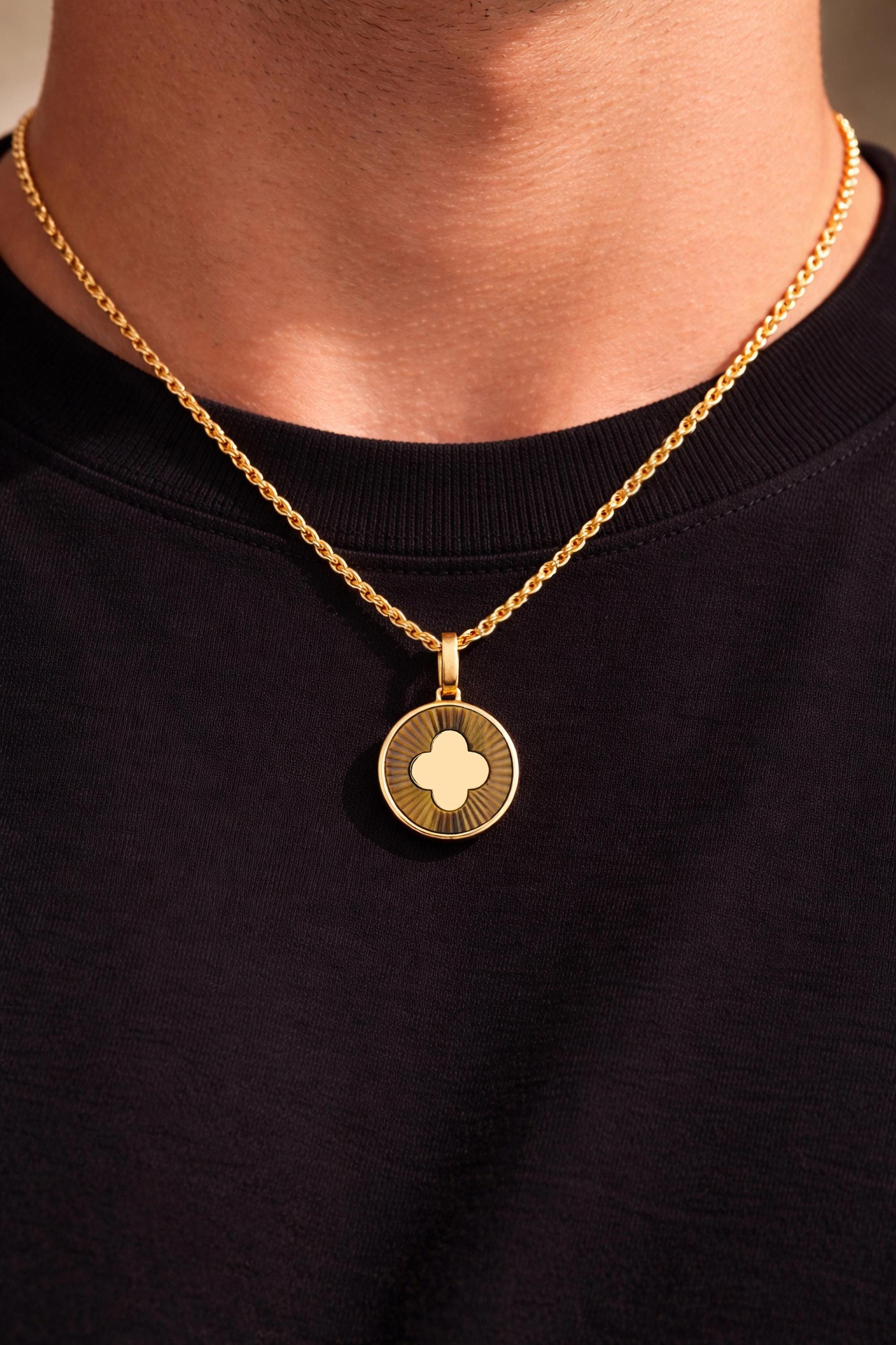 14K Gold Tiger Eye Clover Pendant Necklace, Natural Gemstone Brown