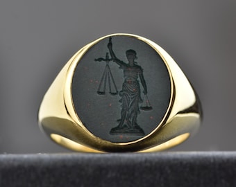 Gold Lady Justice Bloodstone Signet Ring: Law Student Gift