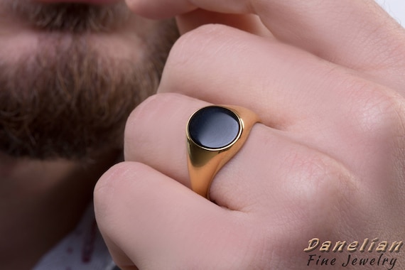 Yellow Gold Ring - Men's Black Onyx Solid Back Ring