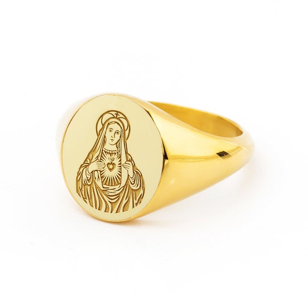 14K Solid Gold Virgin Mary Ring, Gold Mother Of God Ring, Engraved Virgin Mary Jewelry, Protection Ring, Religious Ring, Gold Christian Ring