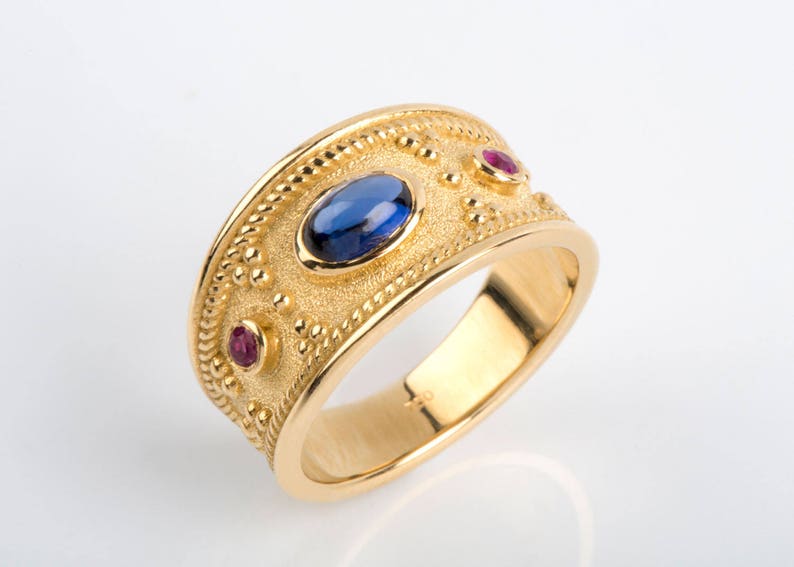 Mens Gold Ring, Sapphire Mens Ring, Man Gemstone Ring, Cabochon CZ, Etruscan Ring, Byzantine Ring, Sterling Silver, Blue Gemstone Ring image 4
