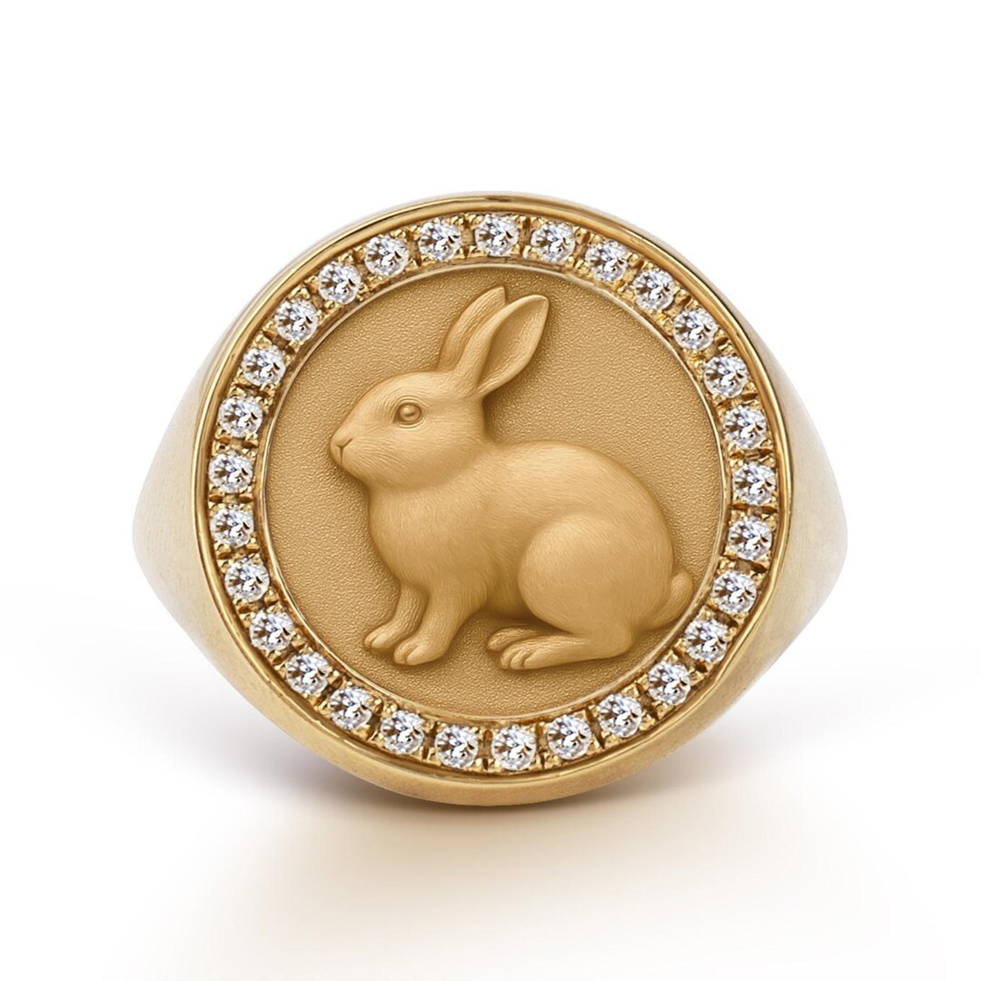 14K Gold Diamond Rabbit Signet Ring, Lunar New Year Jewelry - Etsy