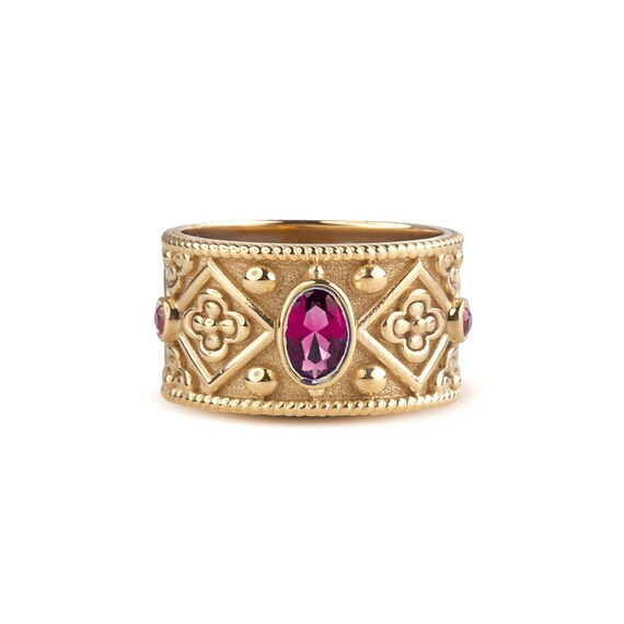 Bague Ancienne Plaqué Or - Motif Grec Géométrique Avec Zircons, Vintage