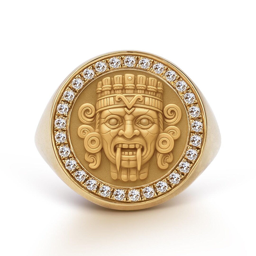 14K Gold Tlaloc Diamond Signet Ring, Aztec Rain God Jewelry - Etsy