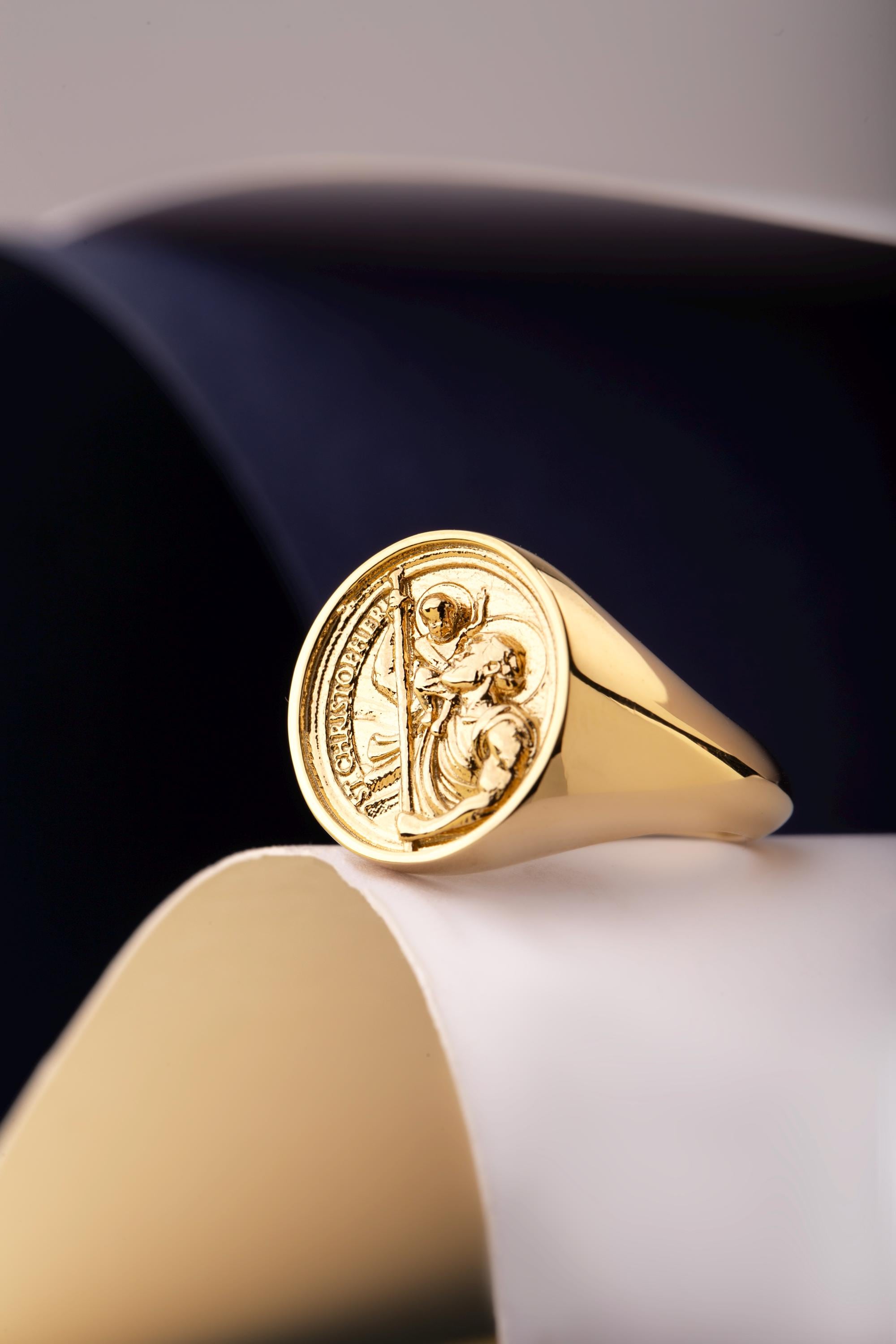 14K Gold Saint Christopher Signet Ring: Travel Protection Jewelry