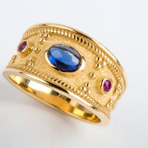 Mens Gold Ring, Sapphire Mens Ring, Man Gemstone Ring, Cabochon CZ, Etruscan Ring, Byzantine Ring, Sterling Silver, Blue Gemstone Ring