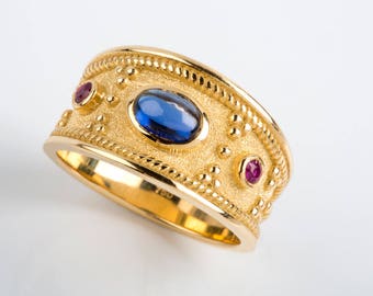 Mens Gold Ring, Sapphire Mens Ring, Man Gemstone Ring, Cabochon CZ, Etruscan Ring, Byzantine Ring, Sterling Silver, Blue Gemstone Ring