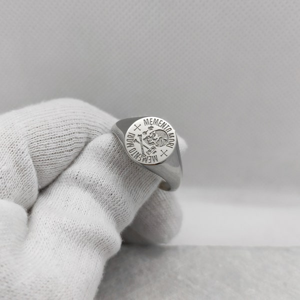 Memento Mori Ring, Totenkopf Ring, Siegelring Silber, Herren Siegelring, Stoa Ring, Gothic Siegelring, Memento Mori graviert, Fahrradring Silber