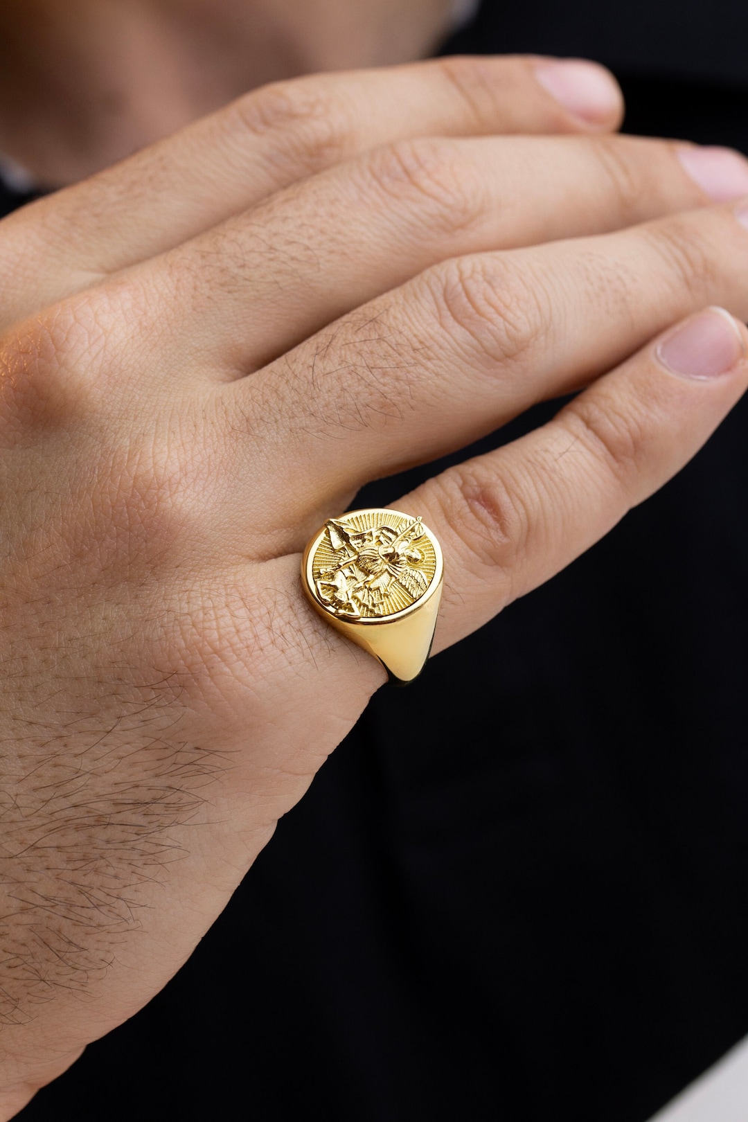 Saint Michael Archangel Signet Ring: Sterling Silver, Gold