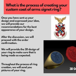 Peut inclure: Guide &eacute;tape par &eacute;tape pour la cr&eacute;ation d'une bague signet personnalis&eacute;e avec un blason. Le processus comprend une consultation de conception, une conception 3D et des mises &agrave; jour r&eacute;guli&egrave;res avec des images de la bague.