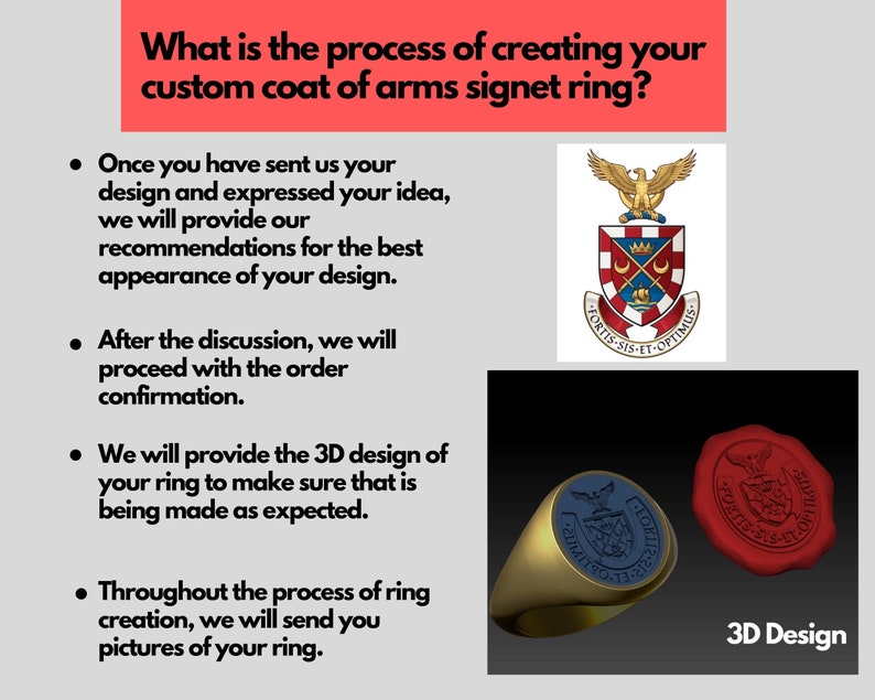 Peut inclure: Guide &eacute;tape par &eacute;tape pour la cr&eacute;ation d'une bague signet personnalis&eacute;e avec un blason. Le processus comprend une consultation de conception, une conception 3D et des mises &agrave; jour r&eacute;guli&egrave;res avec des images de la bague.
