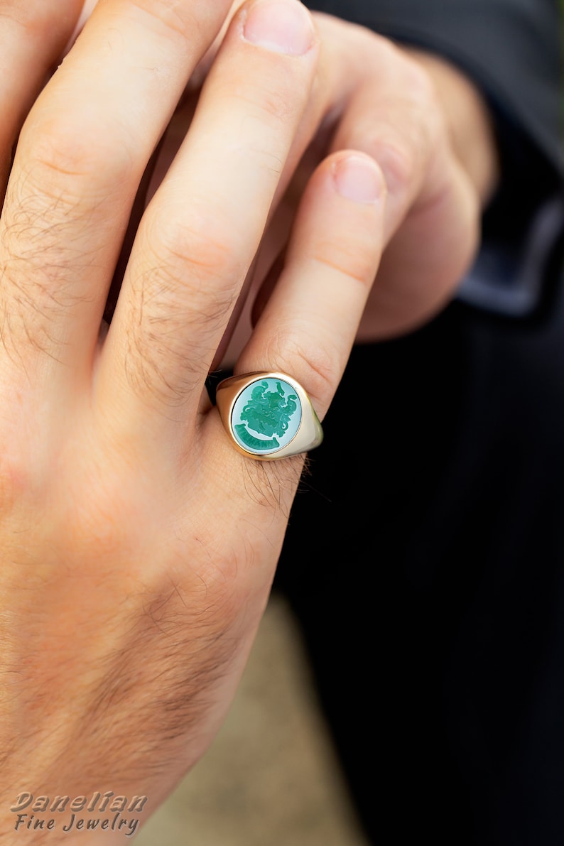 Green Engraved Stone Ring Man Gold Ring Green Stone Etsy