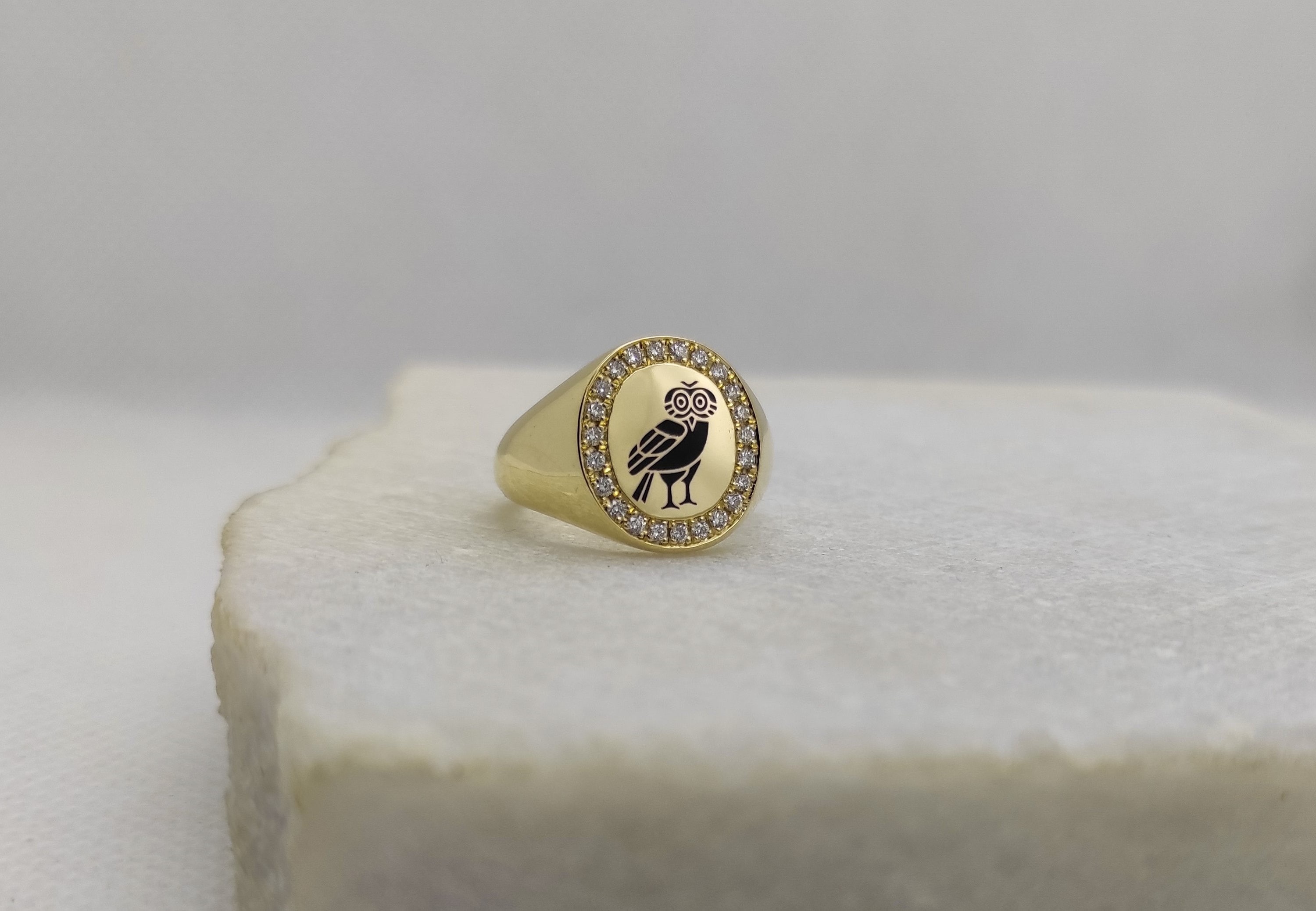 Owl Signet Ring Oval Diamond Ring Good Luck Ring Women Signet Ring Solid Gold Ring Engraved Owl Ring Dainty Gold Ring Diamond Signet Etsy