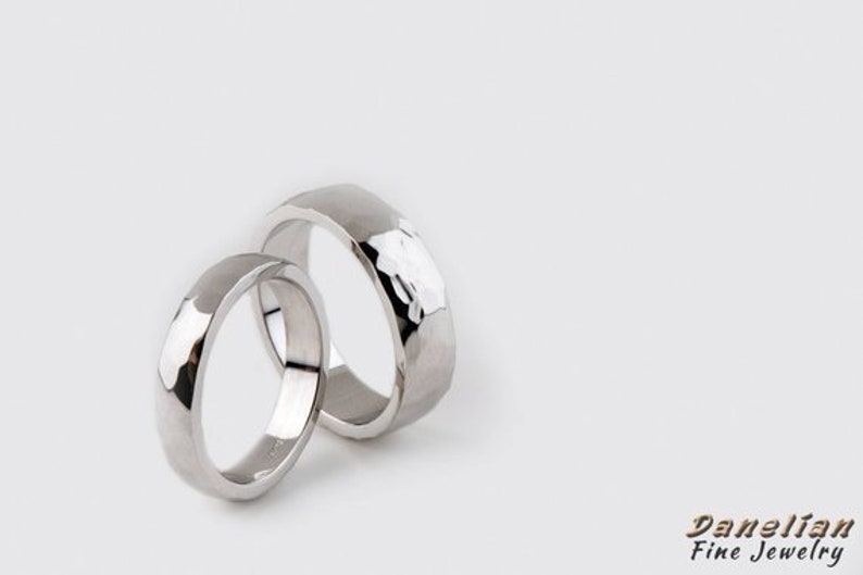 Couple Wedding Band 18k Hammered Gold Bands White Gold Band Etsy