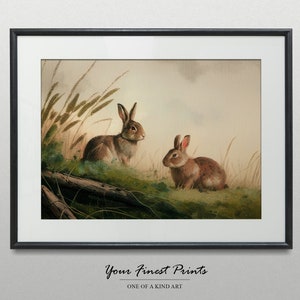 Country Scenery Painting | Moody Scenery | Rabbits in Forest | Antique Farmhouse | Oil Painting Print | Bunny Artwork | Framed Prints