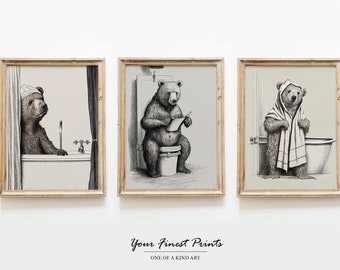 Set of 3 | Bear in Bathrobe | Bath Tub Print | Vintage Surreal | Bathroom Wall Art | Bathroom Decor | Bathroom Humour | Downloadable Print