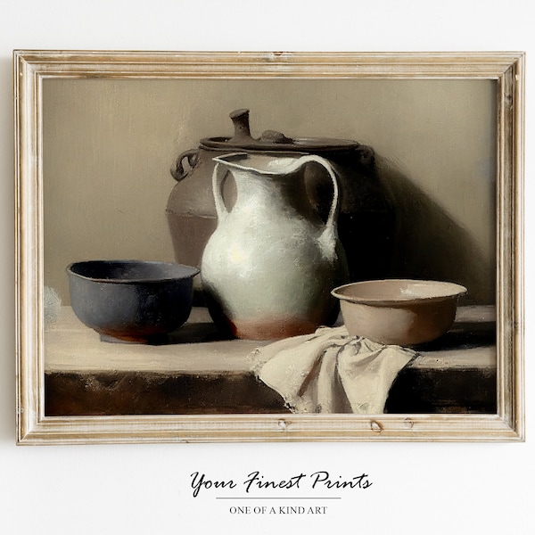 Vintage Kitchen Still Life Painting | Farmhouse Print | Oil Painting Print | Printable Artwork | Kitchen Art | Pottery | Downloadable Print