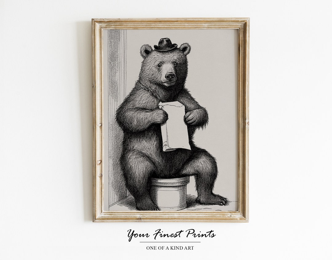 Bear on Toilet Bath Tub Print Vintage Surreal Bathroom Art Etsy