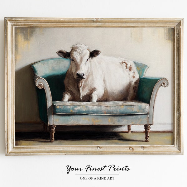Vintage Cow Print | Neutral Country Wall Art | Cow Art | Rustic Farmhouse Decor | Antique Farmhouse | Oil Painting | Downloadable Print