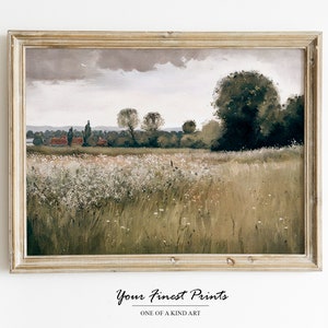 Field Landscape Painting | Moody Country Scenery | Antique Farmhouse Print | Oil Painting Print | Printable Artwork | Downloadable Print