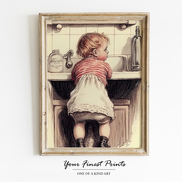 Little girl at sink | Bathroom Print | Vintage Bathroom Art | Bathroom Wall Art | Bathroom Decor | Bathroom Humour | Downloadable Print