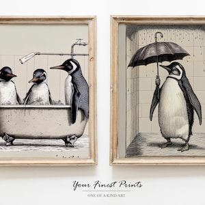 Set of 2 | Penguins in Bathtub | Bath Print | Vintage Surreal Wall Art | Bathroom Wall Art | Bathroom Decor | Bathroom Humour | Downloadable
