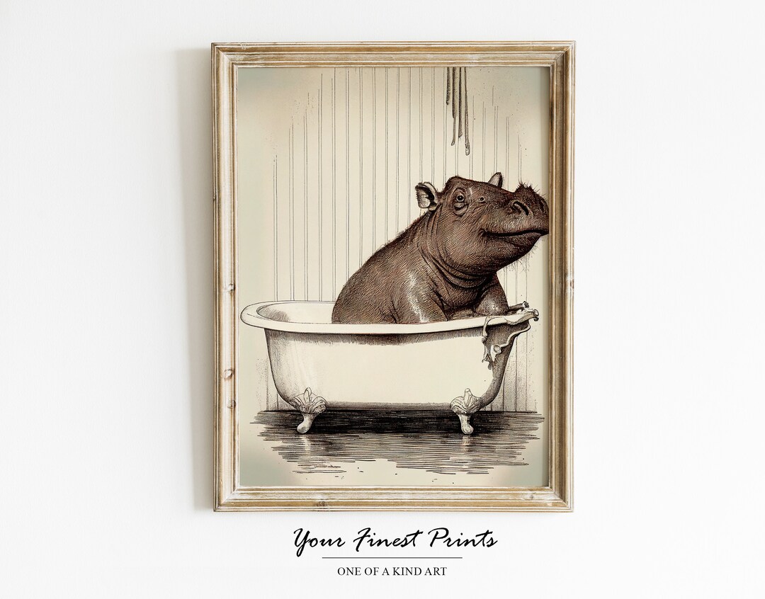 Hippo in Bathtub Bath Tub Print Vintage Surreal Bathroom Art Bathroom