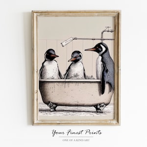 Penguins in Bathtub | Bath Print | Vintage Surreal Bathroom Art | Bathroom Wall Art | Bathroom Decor | Bathroom Humour | Downloadable Print
